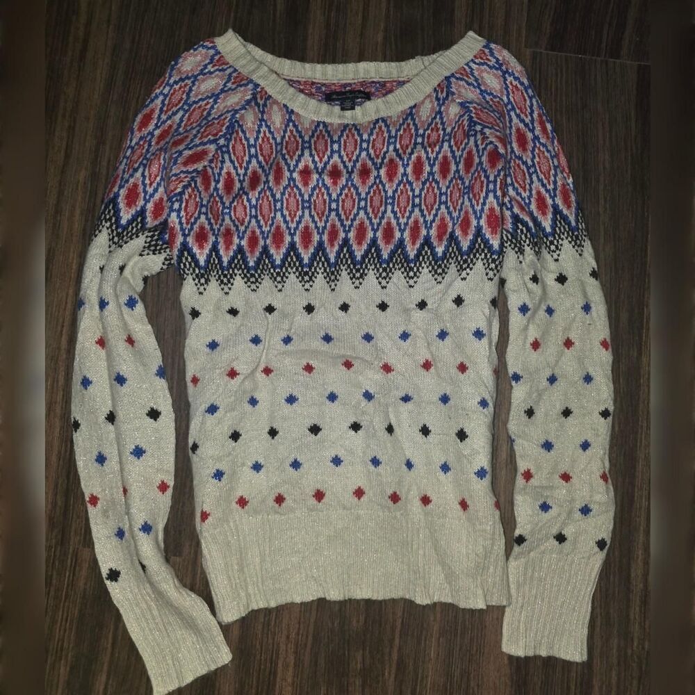 Y2K American Eagle Fair Isle Metallic Knit Sweater | Boho Indie Small